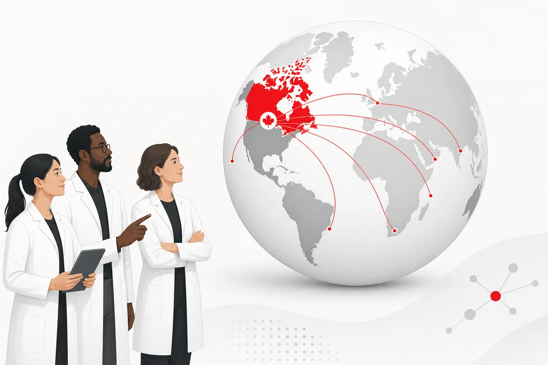 Researchers beside a globe with Canada highlighted and global connections